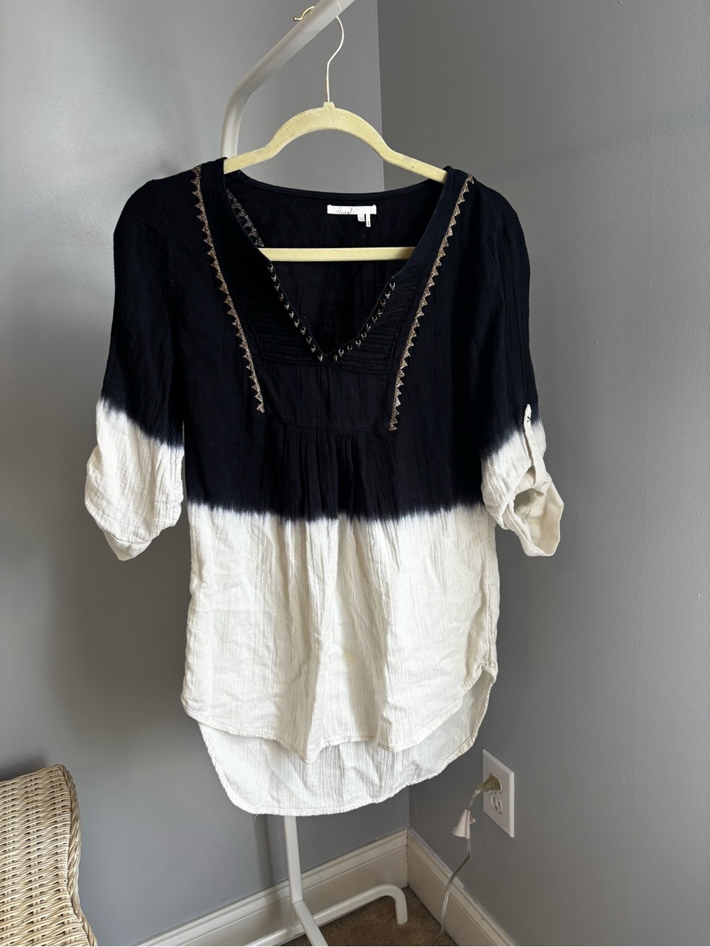 Anthropologie Dip-Dyed Peasant Blouse By Floreat, Black/White Size 4